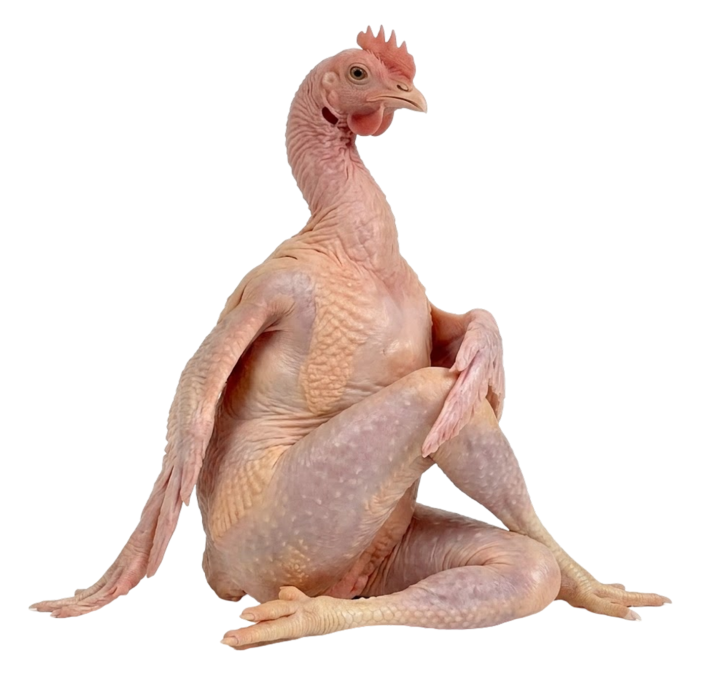 A plucked chicken sitting calmly